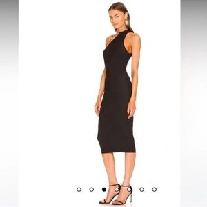 Michael Costello Black Ribbed Cutout Gold Chain Halter Midi Dress